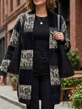 Cozy Black & Cream Open-Front Plaid Cardigan Sweater